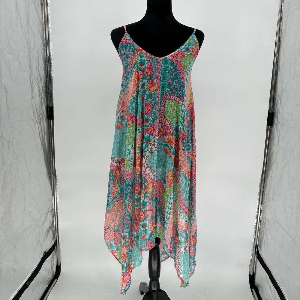 Into the Bleu by Amerex Blue Paisley Floral Handkerchief Hem Swim Cover Dress S
